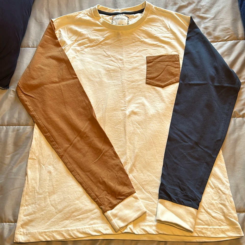 Men’s Denim & Flower Tan, Cream, Navy Blue Long Sleeve Tee